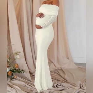 NWT CLUB L London Pretty Perfect White Maternity Ruched Mesh Bardot Maxi Dress